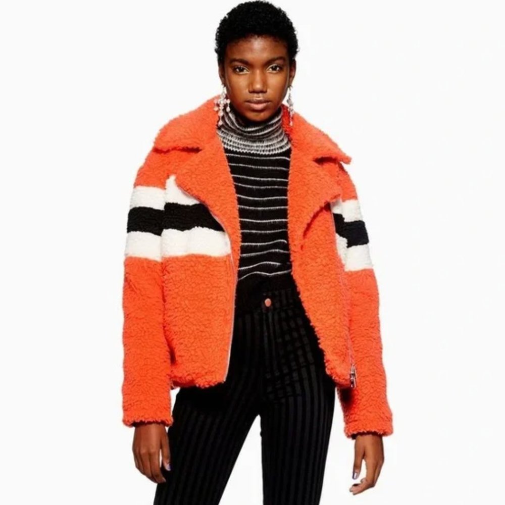 Topshop Bright Orange Striped Teddy Sherpa Jacket